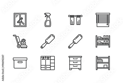 Collection of line art icons representing household cleaning and storage items