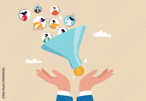 Lead generation gaining customers to convert to sales, marketing funnel conversion rate, advertising analysis concept, hand holding marketing funnel to pull potential customer and convert