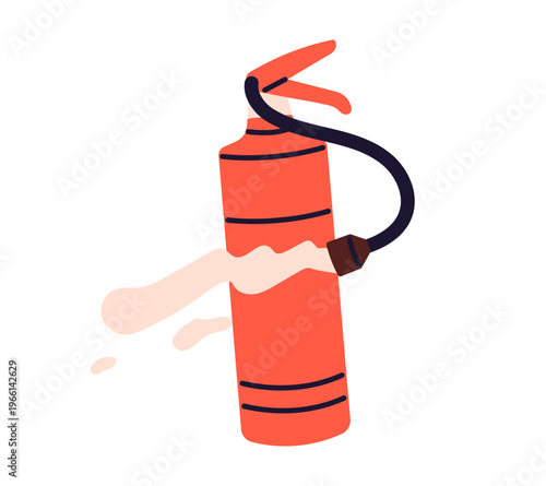 Foam fire extinguisher spraying extinguishing agent with foam discharge, emergency fire safety equipment in action, flat vector illustration isolated on white background.