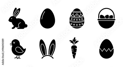 Collection of diverse Easter day celebration icons, including bunnies, eggs, and springtime symbols