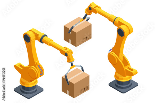 Isometric industrial robot arm handling cardboard box in an automated factory setting. Smart manufacturing concept shows robotic packaging, warehouse process, production line and logistics automation