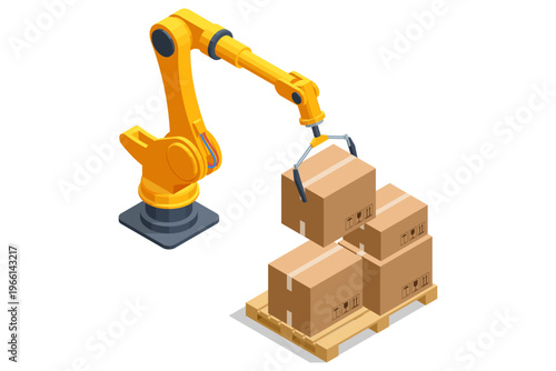 Isometric robotic arm lifts cardboard box onto a pallet in an automated warehouse. Industrial logistics concept shows package handling, smart storage, factory workflow and robotic distribution process