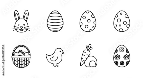 Happy Ester Day icons bunny, eggs, chicks, carrots, and basket
