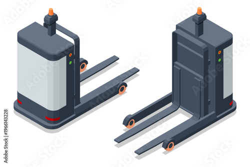 Isometric autonomous pallet stacker shown from two angles in a warehouse equipment concept. Modern intralogistics scene highlights robotic transport, material movement, storage support and smart