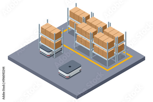 Isometric automated warehouse with mobile robots, shelves and cardboard box storage. Smart logistics concept shows autonomous transport, inventory flow, order fulfillment and modern distribution