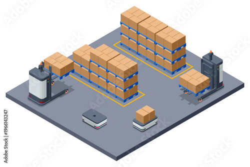 Isometric automated warehouse with mobile robots, shelves and cardboard box storage. Smart logistics concept shows autonomous transport, inventory flow, order fulfillment and modern distribution