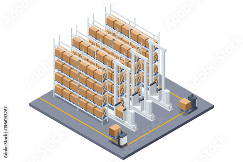 Isometric high bay warehouse with automated stacker crane and tall shelving full of boxes. Smart storage concept shows robotic retrieval, inventory control, industrial logistics and modern fulfillment