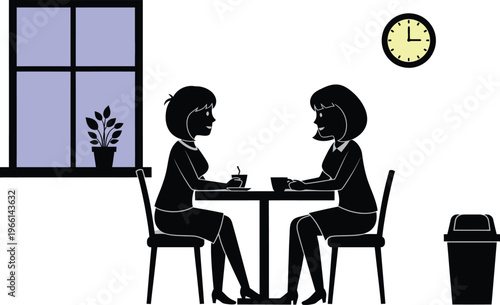 Minimalist silhouette vector of two women talking in a cafe. Female friends drinking coffee at a restaurant table. Flat illustration of a lunch break.