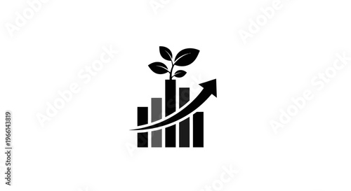 Business growth bar chart with an upward arrow and a thriving plant, symbolizing financial development and prosperity on isolated white background