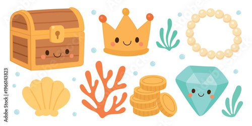Cartoon set underwater for treasure sea illustration and vector ocean map. Ship cute pirate for chest island cartoon and marine gold isolated. Cartoon kids flat for treasure water set and sea
