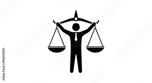 Person holding perfectly balanced scales, symbolizing justice, fairness, and equality on isolated white background