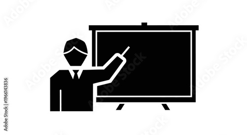 Professional presenter or teacher pointing at a blank blackboard during a presentation or lesson on isolated white background