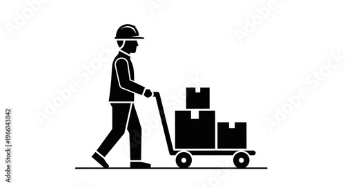 Diligent worker wearing a hard hat pushing a hand truck loaded with boxes, symbolizing logistics and delivery on isolated white background