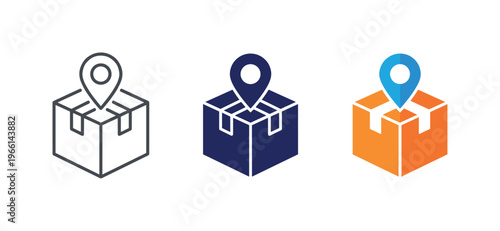 Delivery box with location pin icon set for tracking and logistics