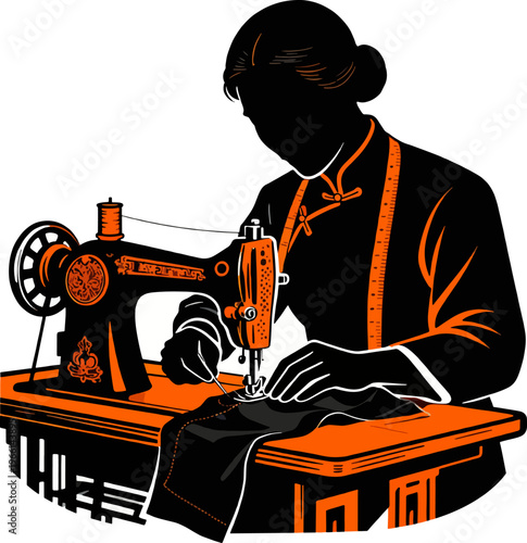 Chinese Tailor Sewing Machine Black Orange Silhouette Vector