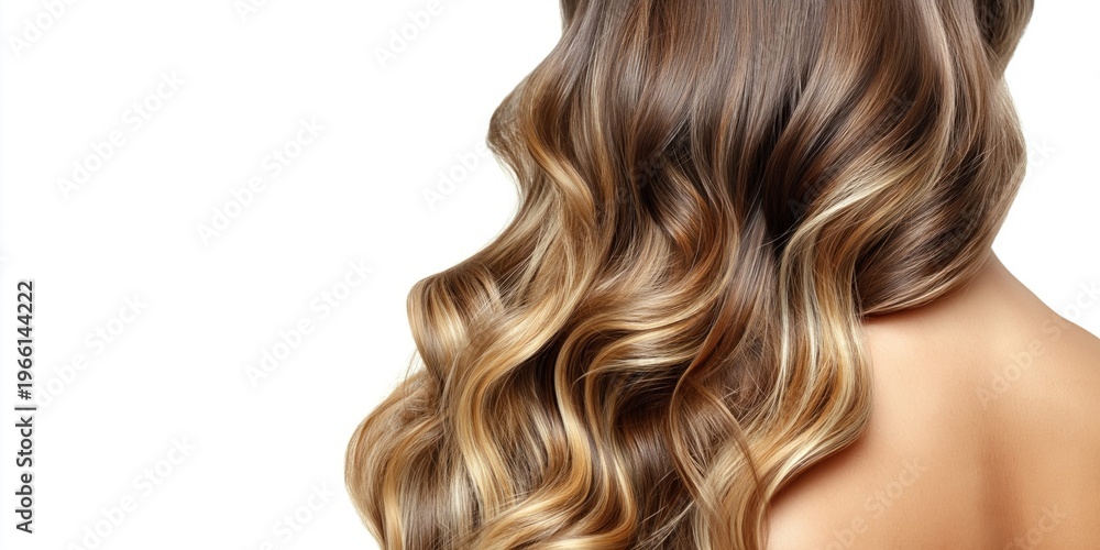 Naklejka premium Beautiful woman's long wavy hair with brown and blonde highlights