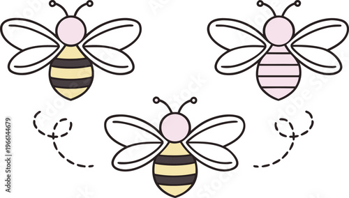 Hand drawn doodle bees with sketchy dotted flight paths