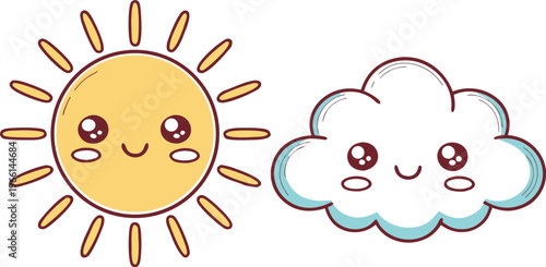 Kawaii weather with cute sun and smiling cloud weather cute sun cartoon yellow sun