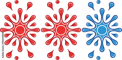 Colorful liquid ink drops and splashes in red and blue liquid splashes