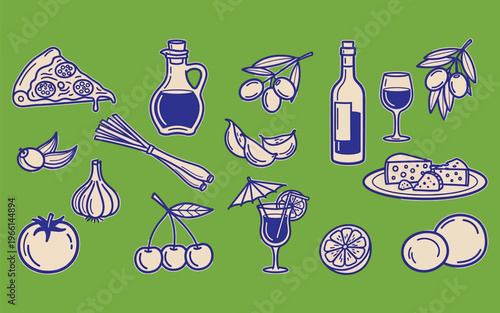 Food and Drink Vector Set – Pizza Wine Cocktail Fruits Minimalist Line Art Illustration