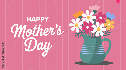 Happy Mothers Day colorful flowers in green pitcher on pink background