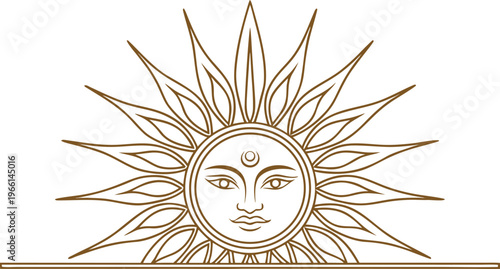 Gold line sun emblem with face and leafy rays on horizontal line gold