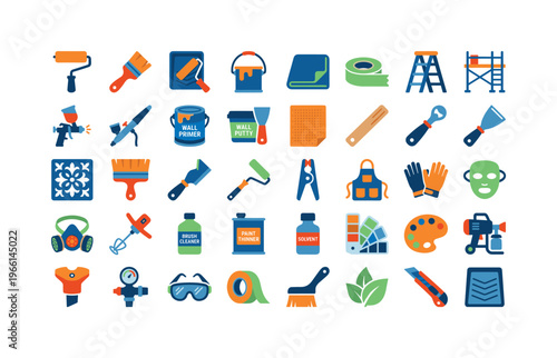 Collection of colorful flat icons representing painting and renovation tools and supplies