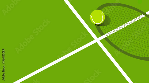 Tennis racket and ball on green tennis court with white lines