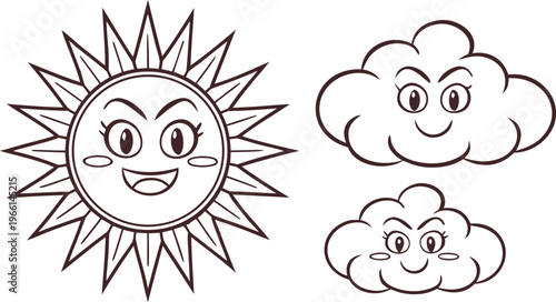 Doodle weather symbols with smiling sun and clouds 1