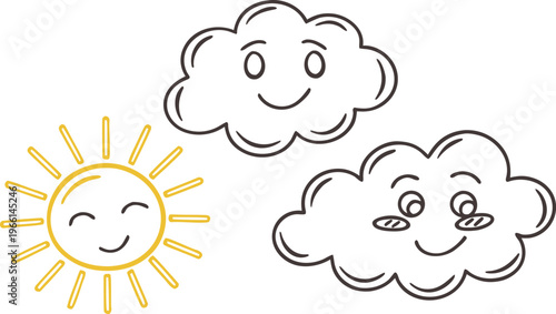 Hand drawn smiling sun and fluffy clouds weather hand drawn cartoon yellow sun