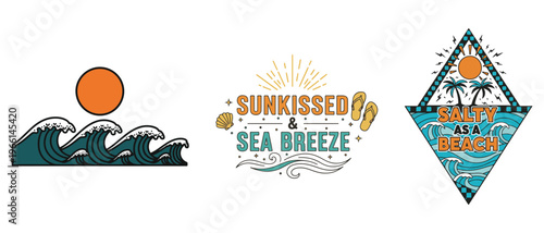 A collection of vibrant summery illustrations depicting ocean waves suns and beach themed lettering