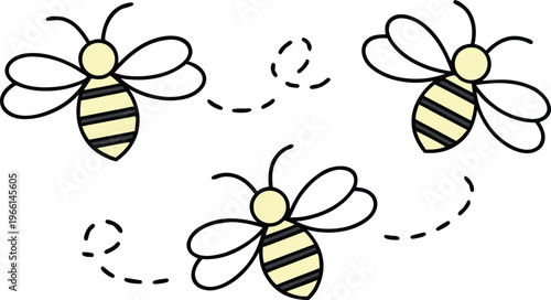 Hand drawn doodle bees with sketchy dotted flight path