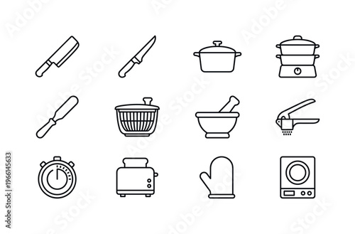 Collection of kitchen utensil icons in a clean, modern line art style