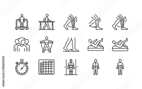 Collection of line icons representing physical therapy and rehabilitation exercises