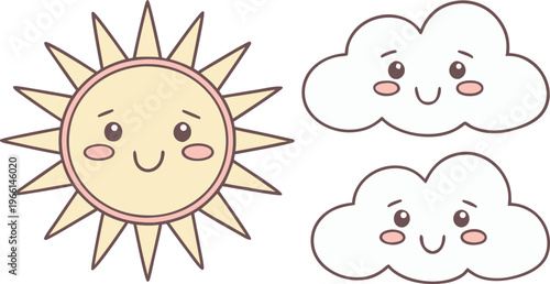 Cute cartoon sun and happy clouds weather