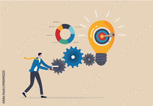 Project initiation or project management, research or implement business idea to see result, effort to develop idea and business goal concept, businessman turn cog wheels to light up light