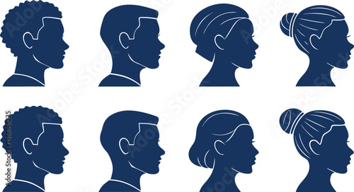 Diverse male and female head silhouette set with various hairstyles head silhouettes