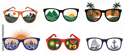 A collection of sunglasses displaying various scenic and summery reflections within the lenses high-quality
