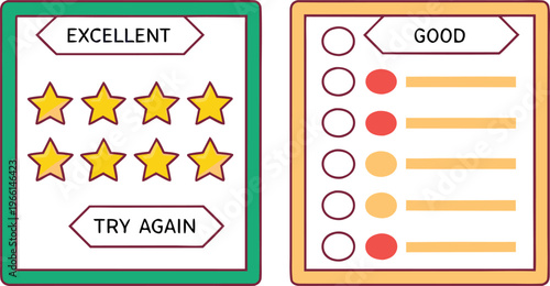Colorful teacher grading marks set with good stamps try again