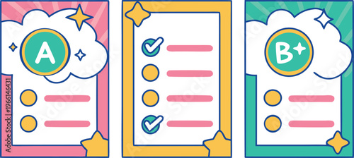 Colorful school grading marks with check marks stars and letters education evaluation