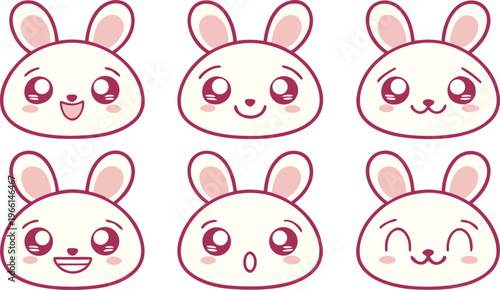 Cute cartoon rabbit faces with different emotions smiling