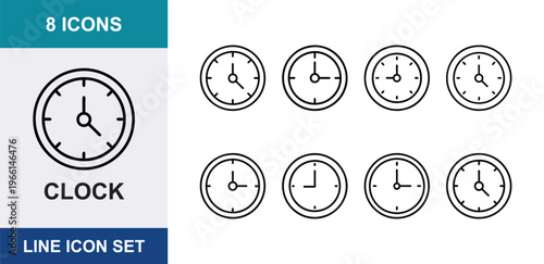 Minimalist clock line icon set, 8 icons of analog wall clocks showing different times, black thin stroke time and schedule vector symbols