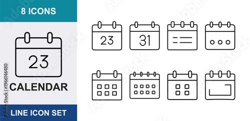 8 Calendar linear icons date schedule agenda organizer reminder appointment time management, UI and web interface design