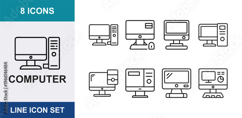 Minimalist computer line icon set, 8 desktop workstation vector symbols, modern PC hardware and monitor outline graphics for tech interfaces