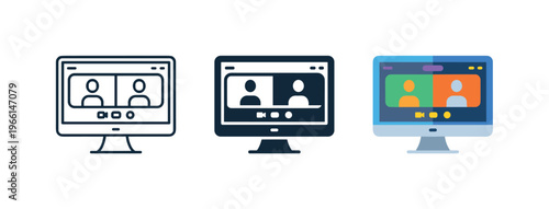 Three computer screen icons showing video conference calls with people