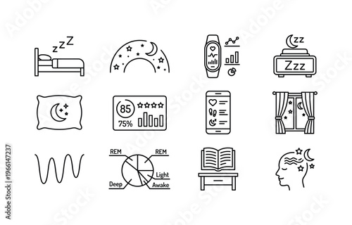 Collection of sleep and health monitoring icons in a grid layout
