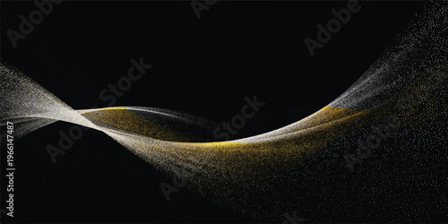 Abstract golden light wave composed of tiny shimmering particles, smooth curve on black background, futuristic motion design, abstract art, energy flow, particle effect, abstract shape, abstract textu