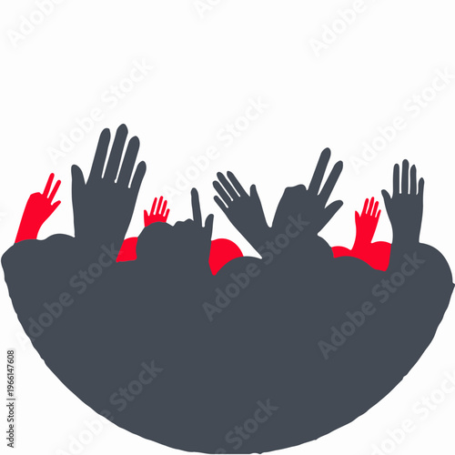 A graphic illustration of a crowd of diverse hands raised in the air, some in silhouette and others in vibrant red, against a clean white background, conveying a sense of energy dynamic