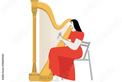A woman with long dark hair, wearing a flowing red dress, is playing a golden harp - woman long dark hair wearing illustration flat design