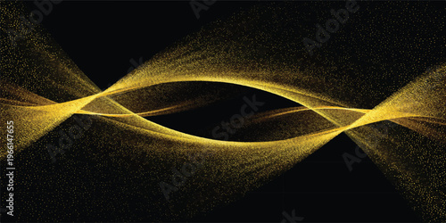 Golden glitter wave abstract background on black, flowing energy particles and light streaks for luxury and celebration themes